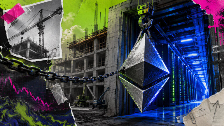 A crane lifts a chained Ethereum form beside an unfinished AI data center, framed by acid green, electric blue, and magenta collage textures.