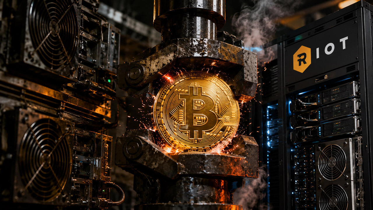 Riot Bitcoin mining facility illustrating reported 500 BTC custody transfer and AI funding pressure