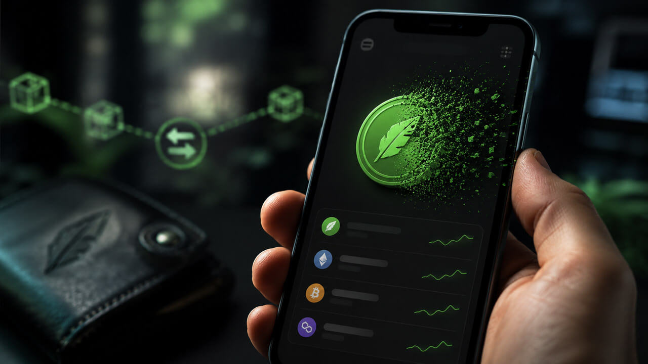 A smartphone crypto wallet screen shows a green token dissolving into particles after purchase, illustrating Robinhood Chain buyers losing funds to scam tokens.