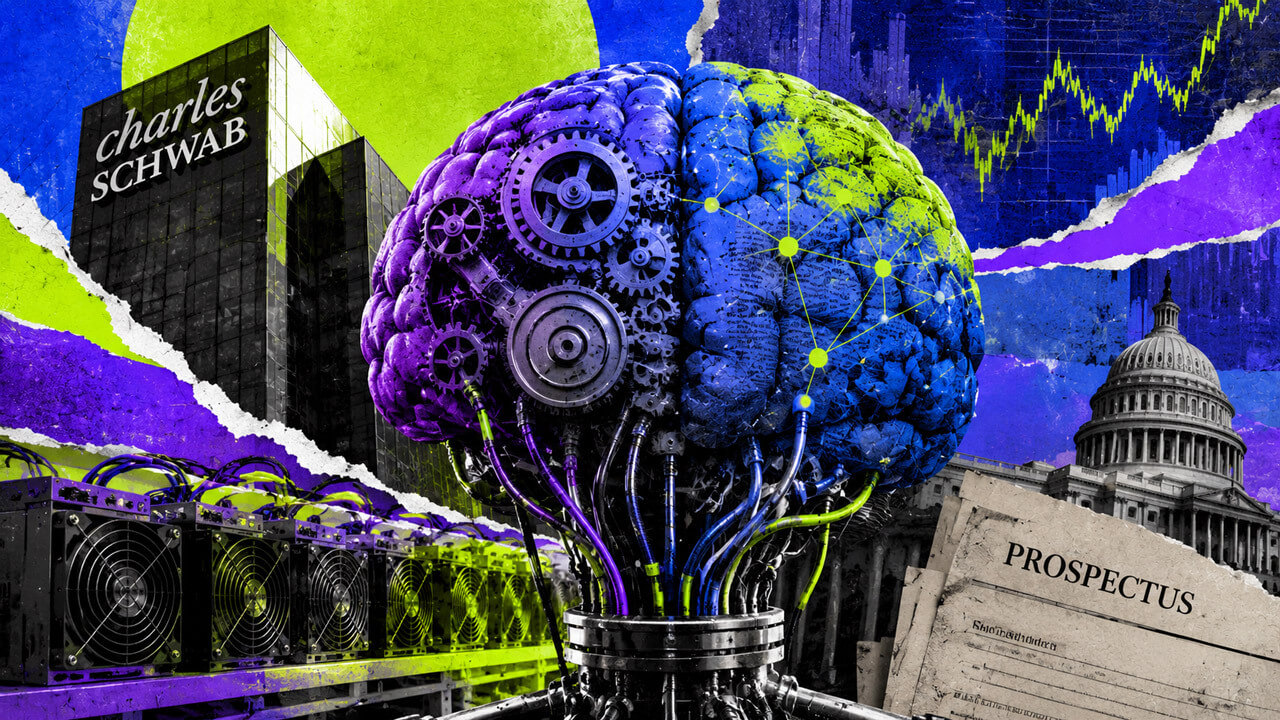 Acid-colored mixed-media collage centered on a giant mechanical brain combining gears, neural-network markings, documents, and data cables, with Schwab architecture, crypto-mining rigs, market charts, and prospectus fragments around it.