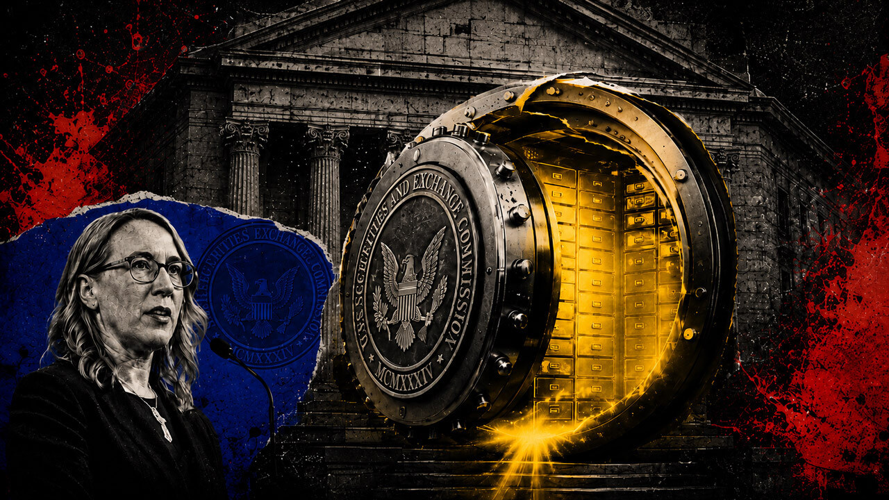 Editorial collage of an SEC official beside a massive SEC vault glowing gold, with text stating $131 billion in crypto vaults in April 2026.