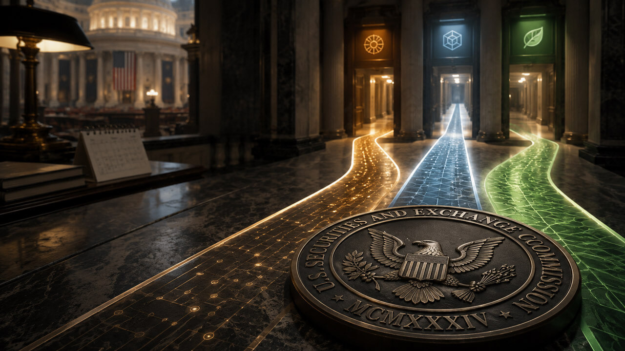 Crypto regulatory pathways before Senate vote illustrated as three glowing paths leading toward a Capitol building.