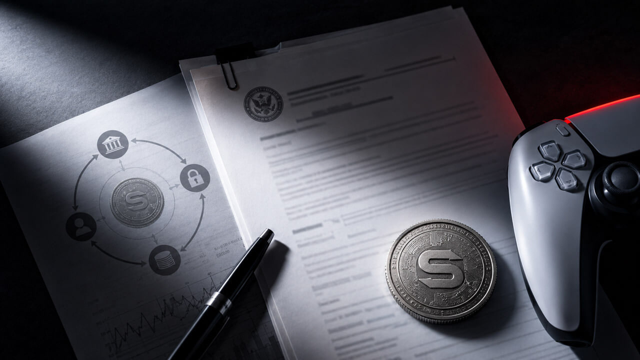 Game controller, metallic stablecoin token and official filing documents arranged under dramatic lighting with a closed-loop payment network diagram.