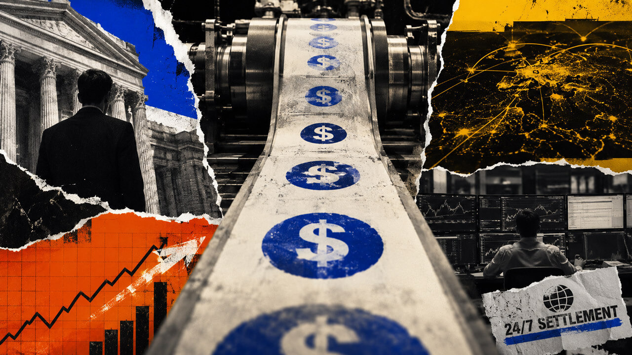 Industrial printing press feeds a continuous strip of dollar-linked tokens between a bank, global payment network, trading desk, and rising activity chart.