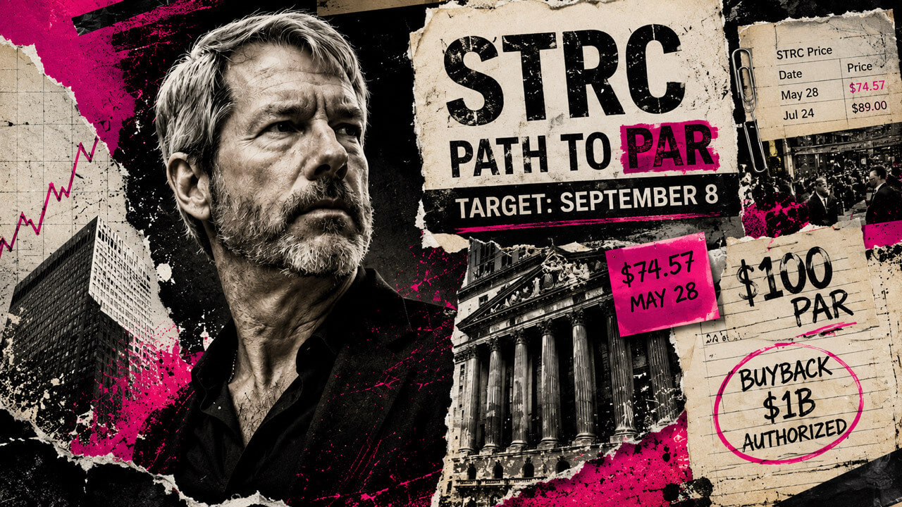 Michael Saylor in a distressed financial collage beside STRC’s path from $74.57 to $100 par, a September 8 target, and $1B buyback.