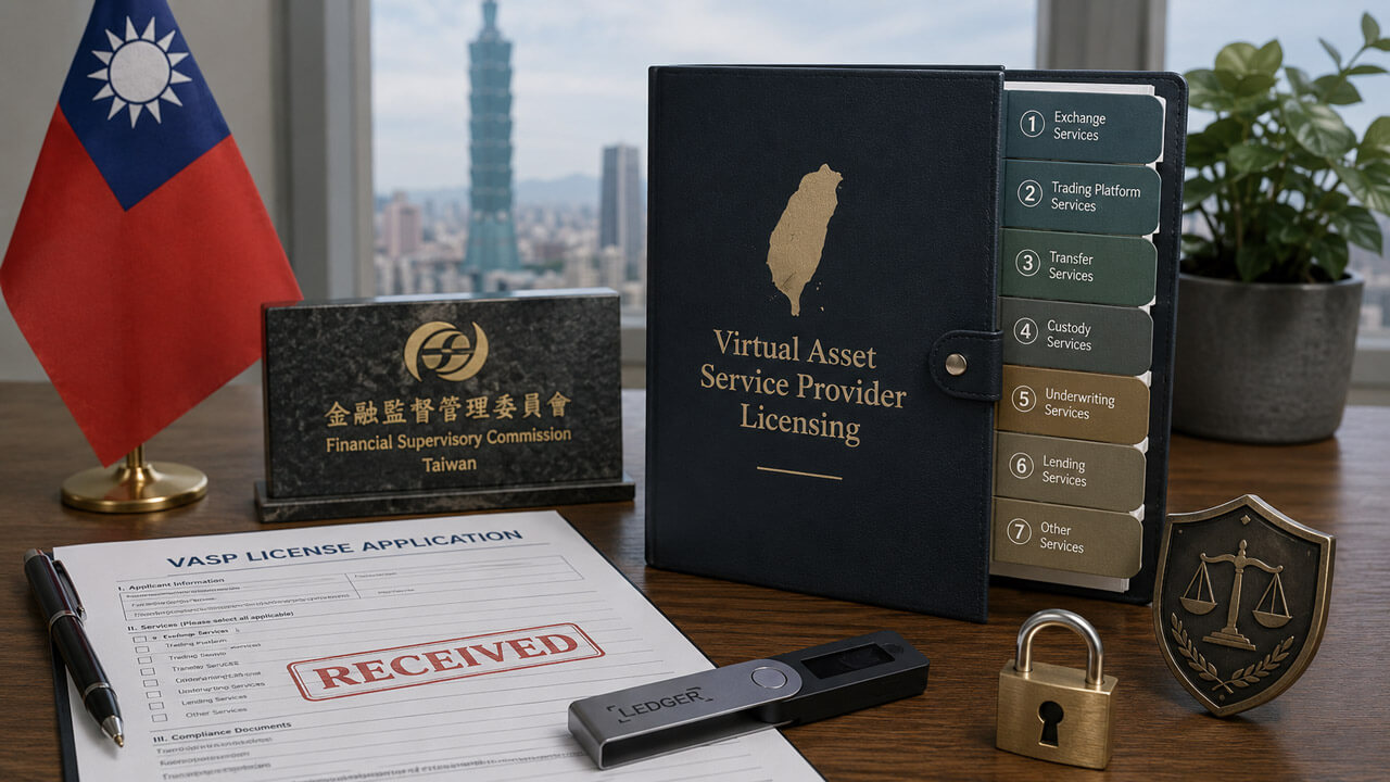 Taiwan Financial Supervisory Commission licensing workspace with a virtual asset service provider application, categorized VASP licensing binder, hardware wallet, and compliance documents representing Taiwan's Virtual Asset Service Act.