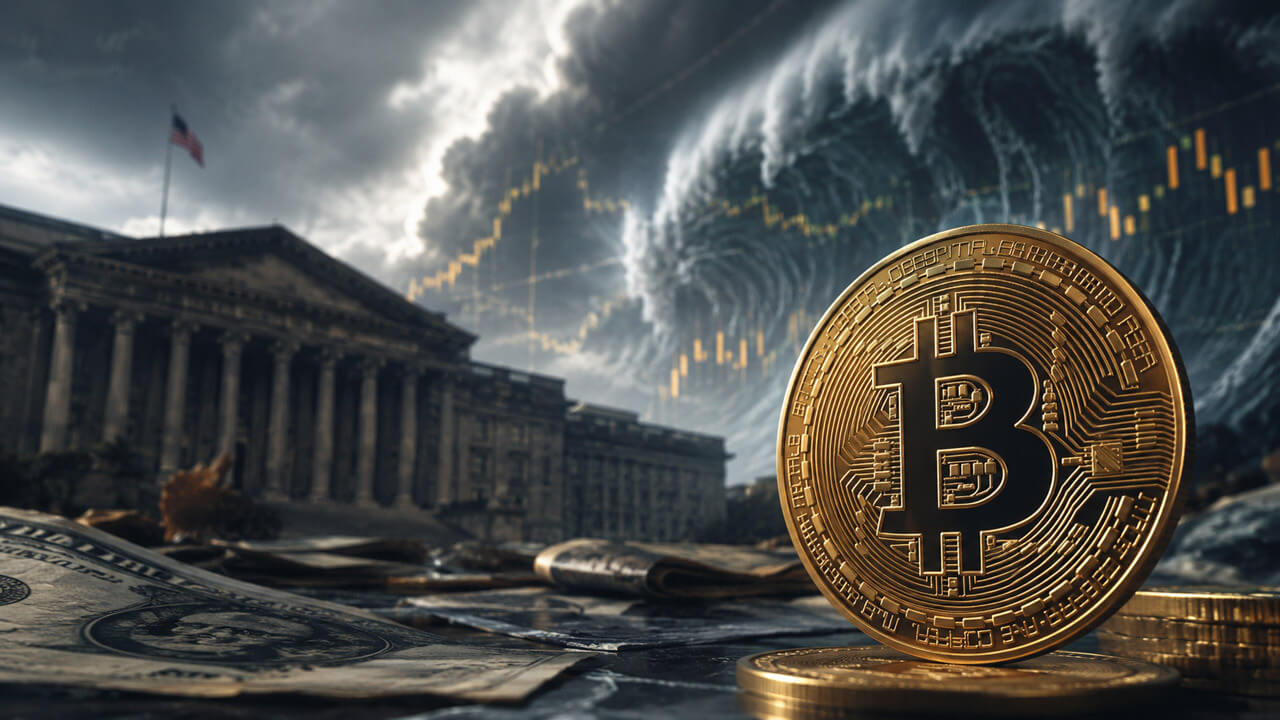 Close-up Bitcoin coin facing a looming financial storm outside the US Treasury, symbolizing rising federal debt and an approaching liquidity test.