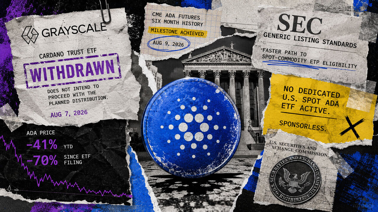 Cardano token appears before an SEC backdrop with Grayscale withdrawal, ADA price declines, CME eligibility and no active U.S. spot ADA ETF.