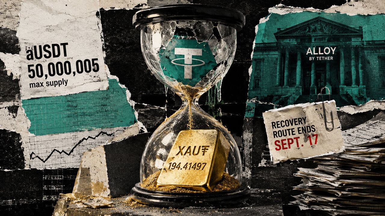 Cracked hourglass spills gold onto 194.41497 XAU₮ collateral beside Alloy by Tether and a Sept. 17 recovery cutoff.