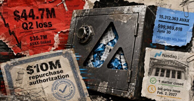Editorial collage of an AVAX-marked safe surrounded by $44.7 million loss, $10 million buyback, treasury holdings, and Nasdaq compliance notes.