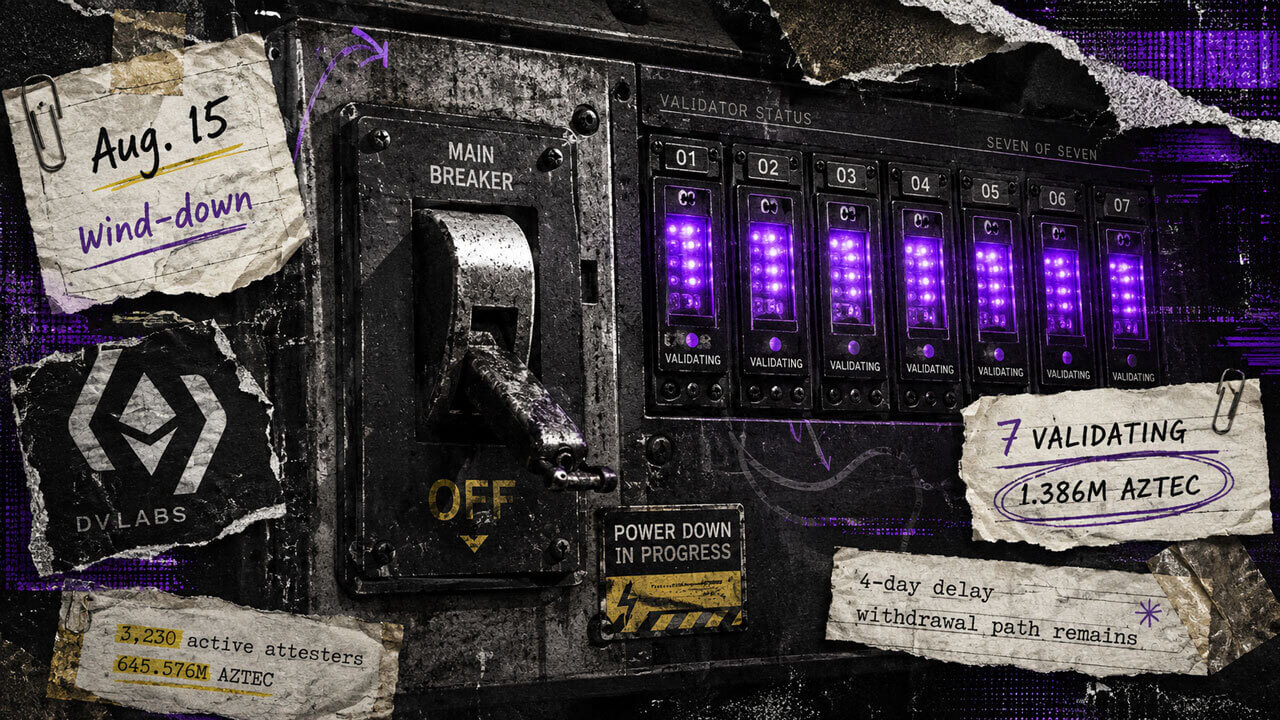 Seven DV Labs validators remain active during Aztec’s wind-down, shown as glowing modules beside a failed power-down switch.