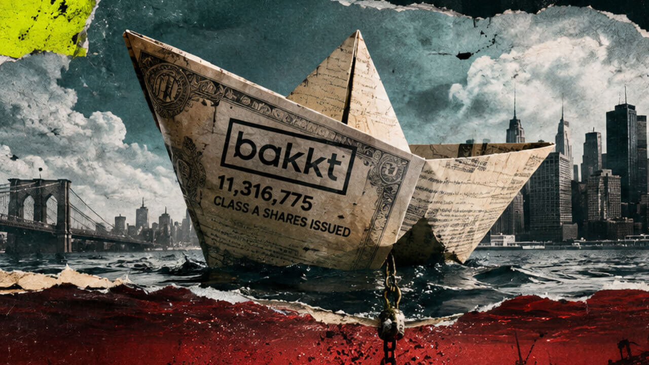 Paper boat marked Bakkt and 11,316,775 Class A shares sails through rough water in a distressed financial collage.