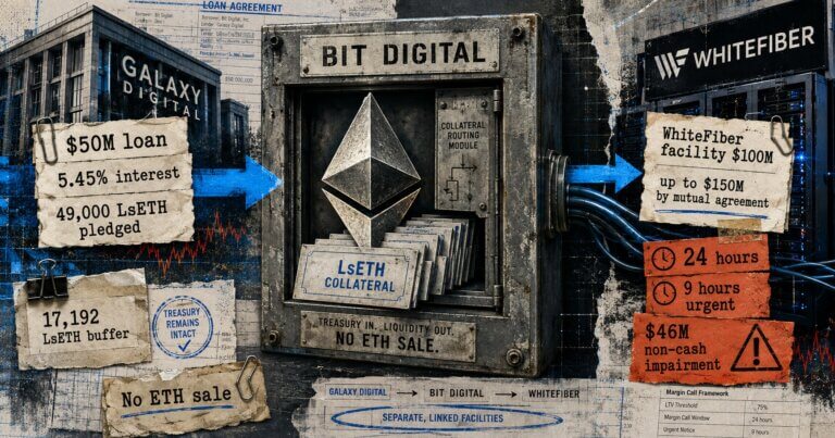 Editorial collage of Bit Digital routing Ethereum collateral between Galaxy Digital and WhiteFiber, with loan terms, margin-call windows, and a $46 million impairment.