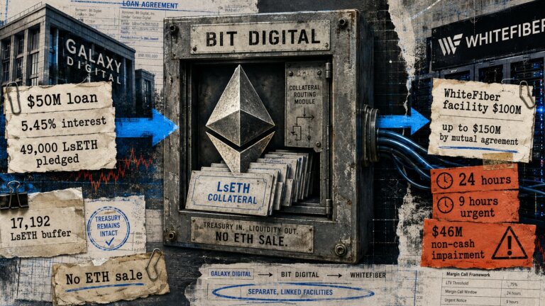Editorial collage of Bit Digital routing Ethereum collateral between Galaxy Digital and WhiteFiber, with loan terms, margin-call windows, and a $46 million impairment.