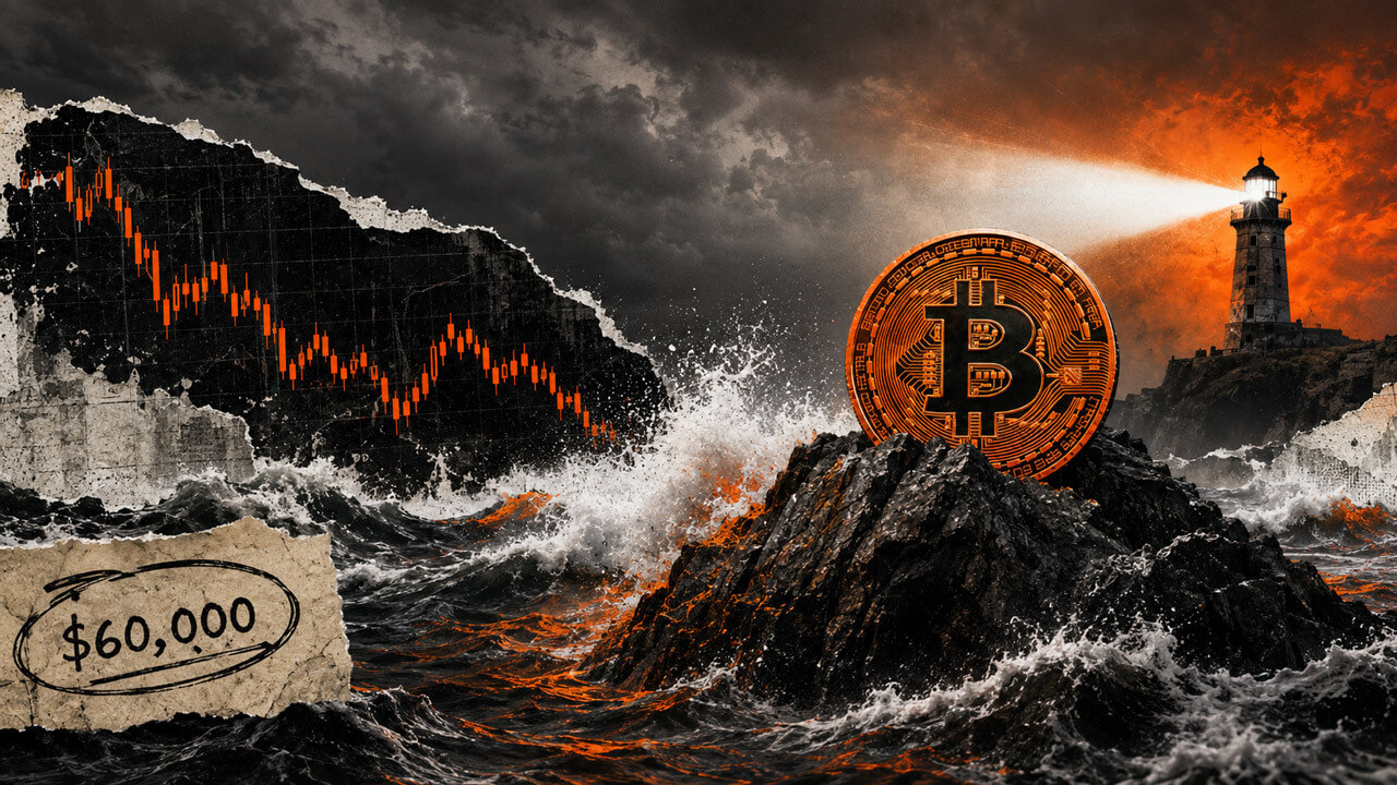Bitcoin stands on storm-battered rocks near a lighthouse, with a falling market chart and $60,000 support note in an orange-black collage.