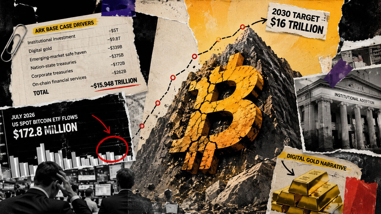 Bitcoin is embedded in a jagged mountain beneath a $16T target, surrounded by ETF flow data, institutional adoption and digital-gold evidence.