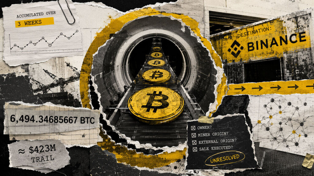 Bitcoin-marked assets travel through an industrial tunnel toward Binance while torn evidence notes the $423M trail and unresolved sale status.