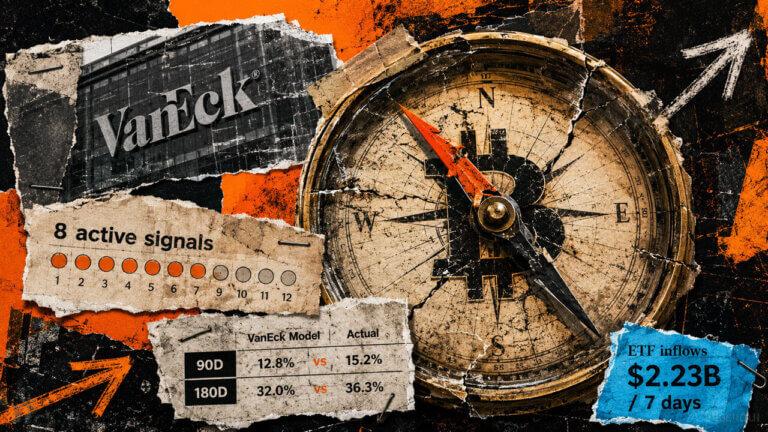 A cracked Bitcoin compass symbolizes unreliable bottom timing, surrounded by VanEck signals, six-month returns, and ETF inflows.