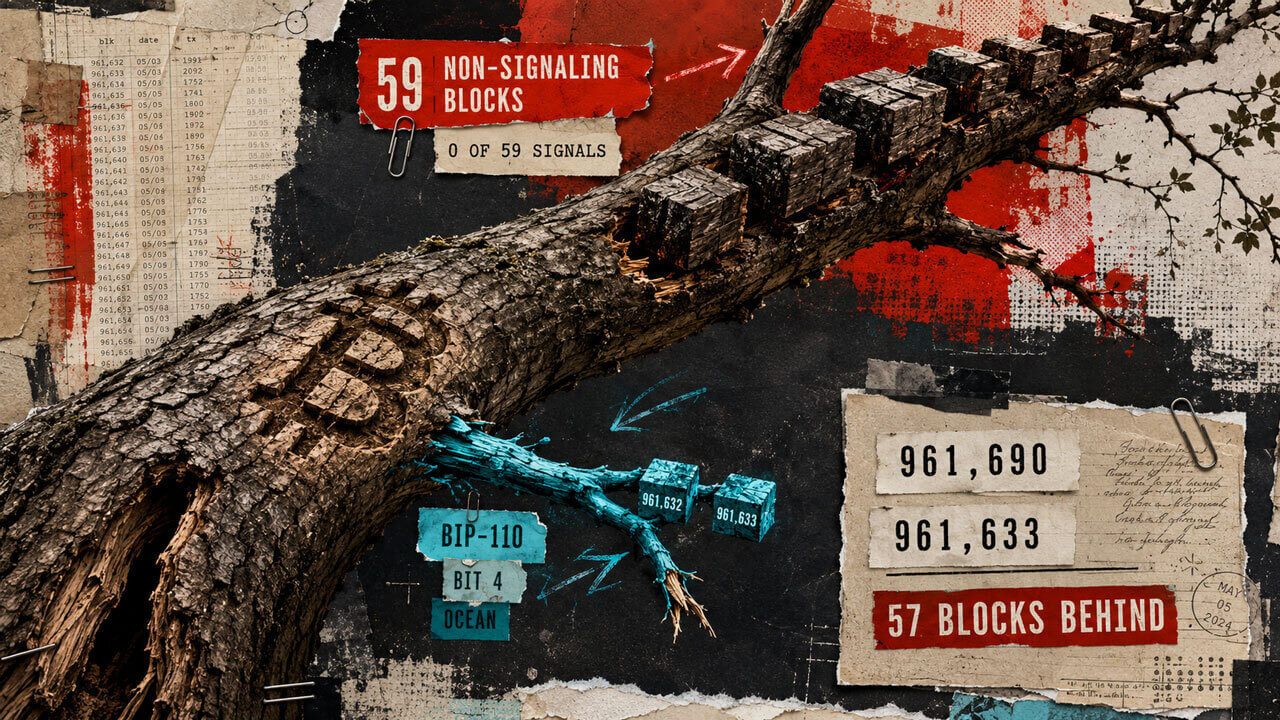 Broken tree-branch collage depicts BIP-110’s two-block Bitcoin fork isolated from the stronger dominant chain, 57 blocks behind.