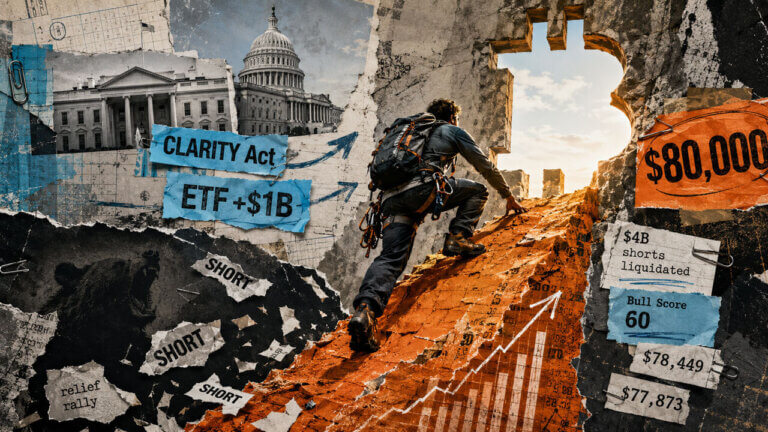 Climber ascends toward a Bitcoin-shaped $80,000 summit as ETF demand rises and bearish short positions fall away.