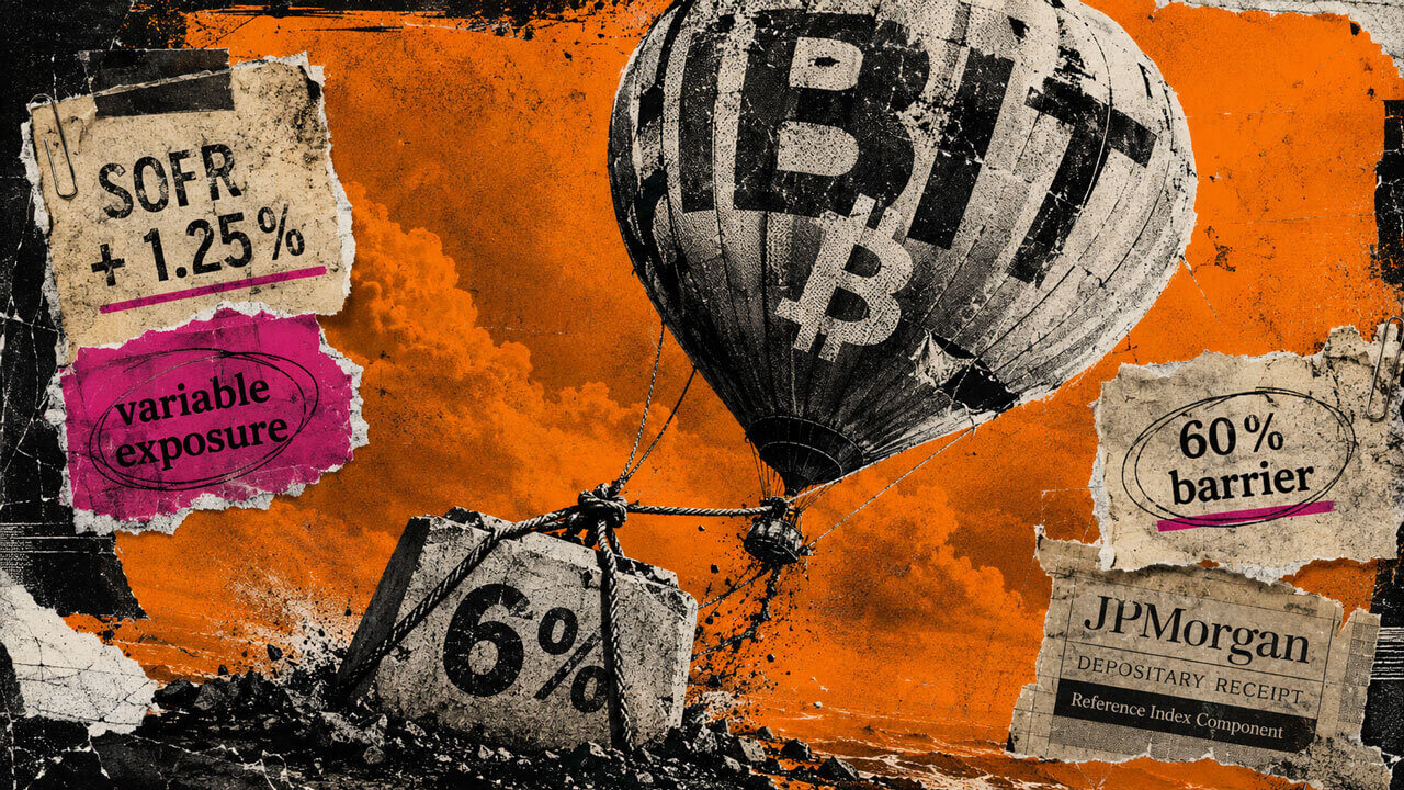 Bitcoin hot-air balloon strained by a heavy 6% weight, symbolizing the annual index deduction, financing costs, and variable exposure.
