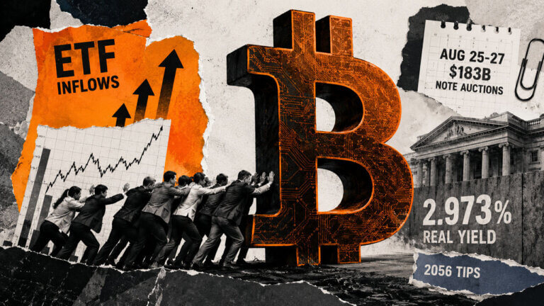 Investors push a giant Bitcoin toward Treasury pressure as ETF inflows confront a 2.973% real yield and $183B note auctions.