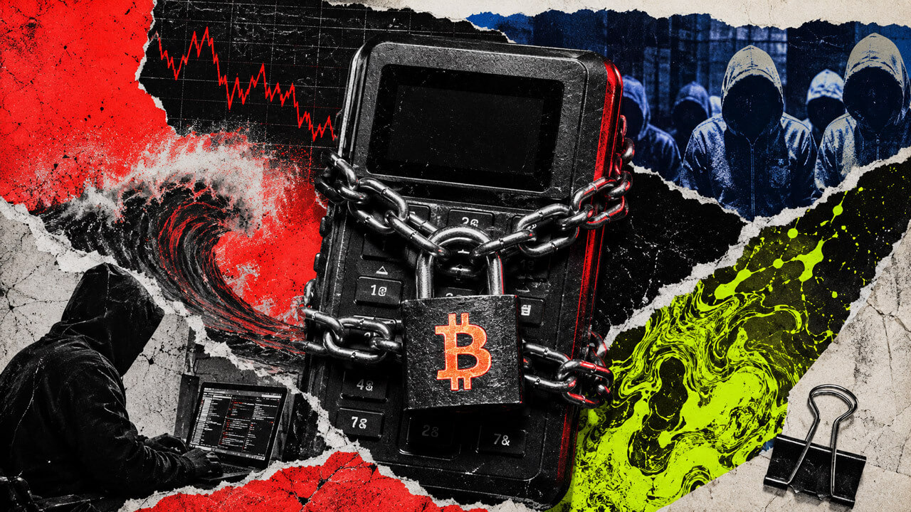 Chained Bitcoin hardware wallet surrounded by hackers, a falling market chart, crashing waves, and electric green ink.
