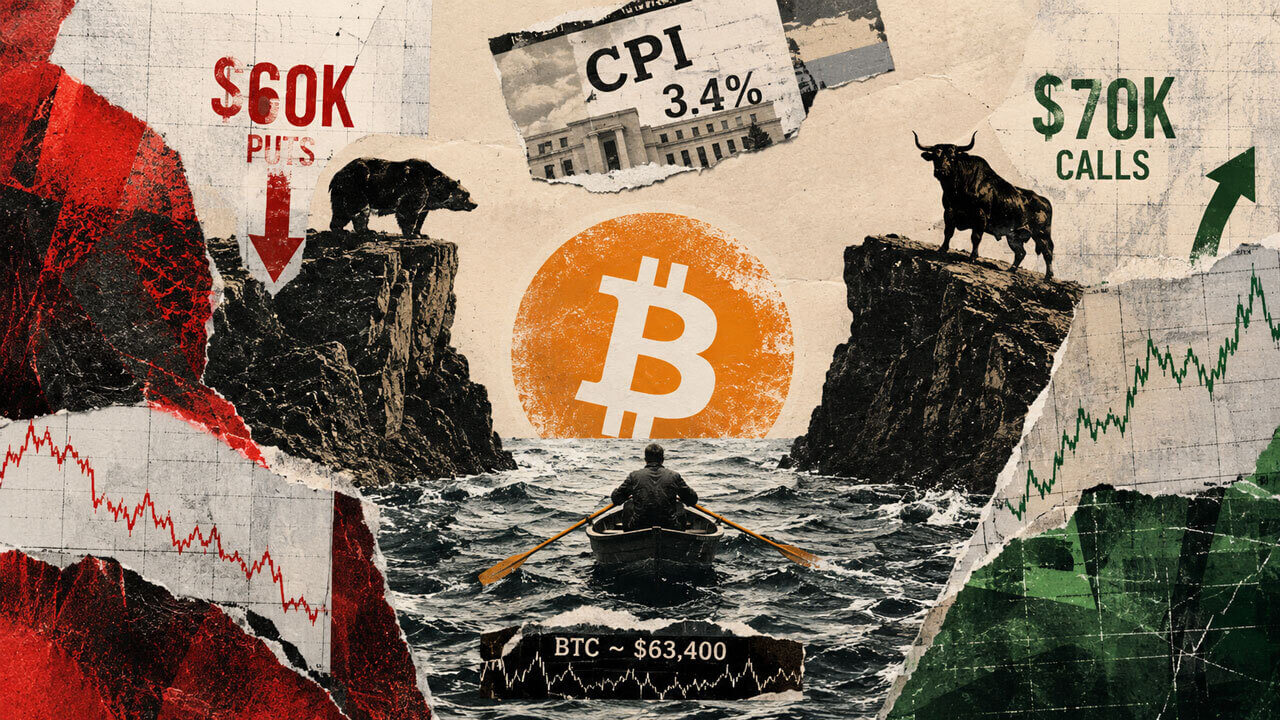 Bitcoin sits between bearish $60K puts and bullish $70K calls as traders navigate compressed volatility, CPI 3.4%, and BTC near $63,400.