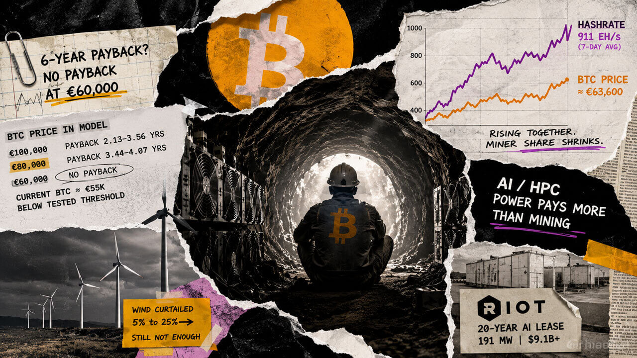 Bitcoin miner sits inside a dark mining tunnel as rising hashrate, weak payback and AI power demand pressure mining economics.