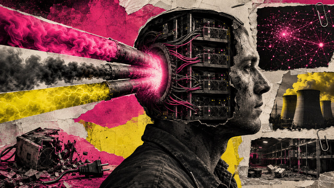 Human profile filled with mining servers absorbs industrial energy streams amid damaged rigs, power plants and network nodes.