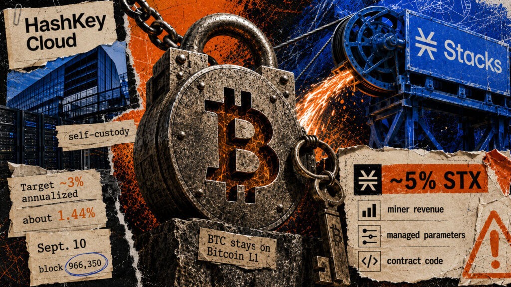 Bitcoin padlock symbolizes self-custodied BTC while Stacks machinery supplies yield tied to STX, miner revenue, and contract risk.