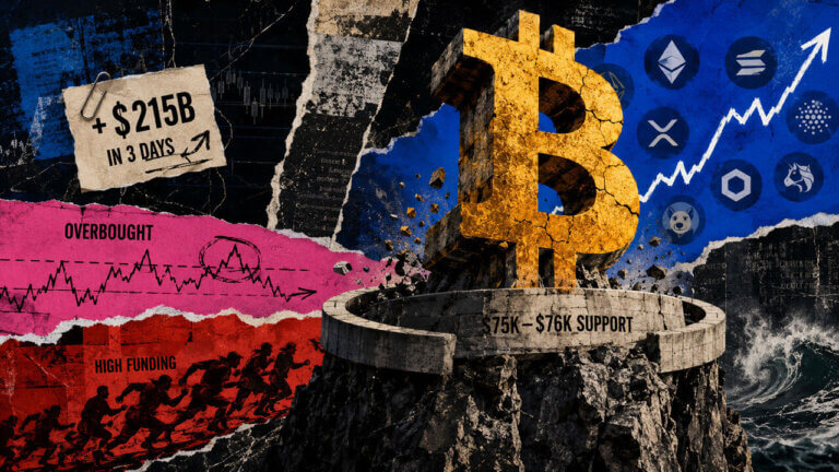 Bitcoin stands inside a $75K–$76K support ring as altcoins rise in blue, opposed by overbought conditions and high funding pressure.