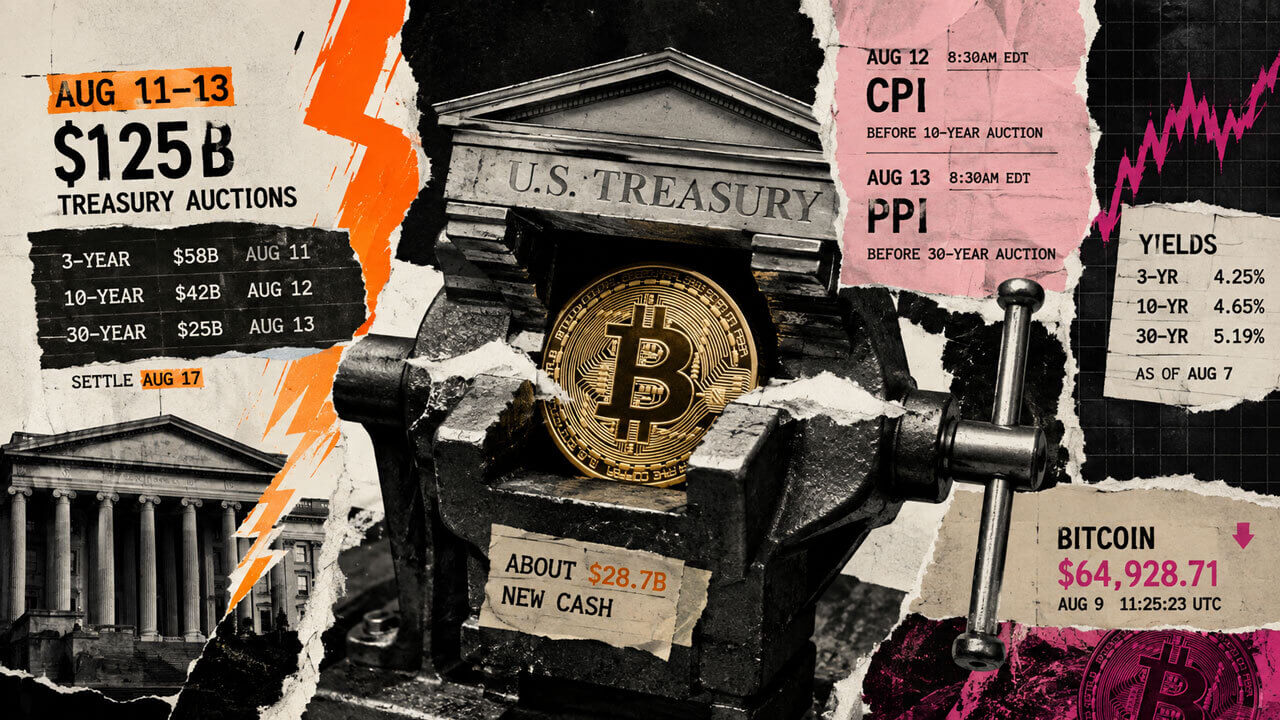 Bitcoin is squeezed in a Treasury vise amid $125 billion in bond auctions, CPI and PPI releases, rising yields, and market pressure.