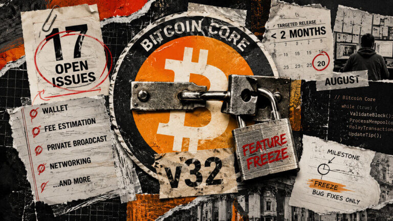 Bitcoin Core v32 shown as a locked release gate surrounded by 17 open issues, an Aug. 20 deadline, and remaining feature categories.