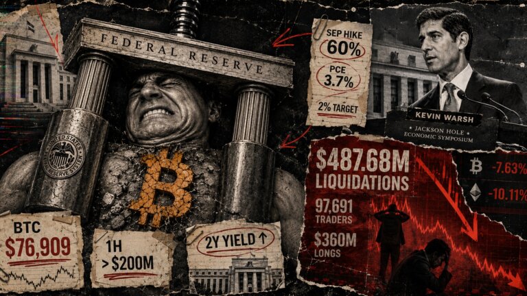 Editorial collage of Bitcoin crushed beneath Federal Reserve pressure, with Kevin Warsh, rate-hike figures, liquidation totals, and falling crypto market graphics.