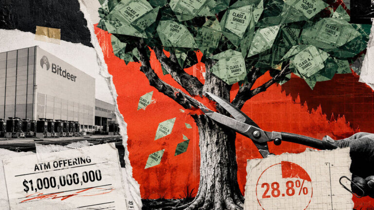 A Bitdeer share tree is pruned by shears beside a $1 billion ATM filing and a 28.8% dilution graphic.