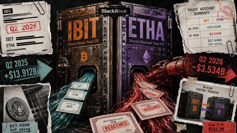 Editorial collage depicting BlackRock’s IBIT and ETHA trusts as a split institutional vault, with red redemption flows, smaller blue-green inflows, and torn SEC filing fragments showing a Q2 capital-flow reversal.