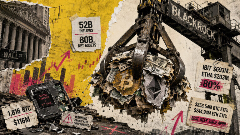 BlackRock crane claw lifts Bitcoin, Ethereum, cash, and ETF papers above a damaged Coldcard wallet in a financial collage.