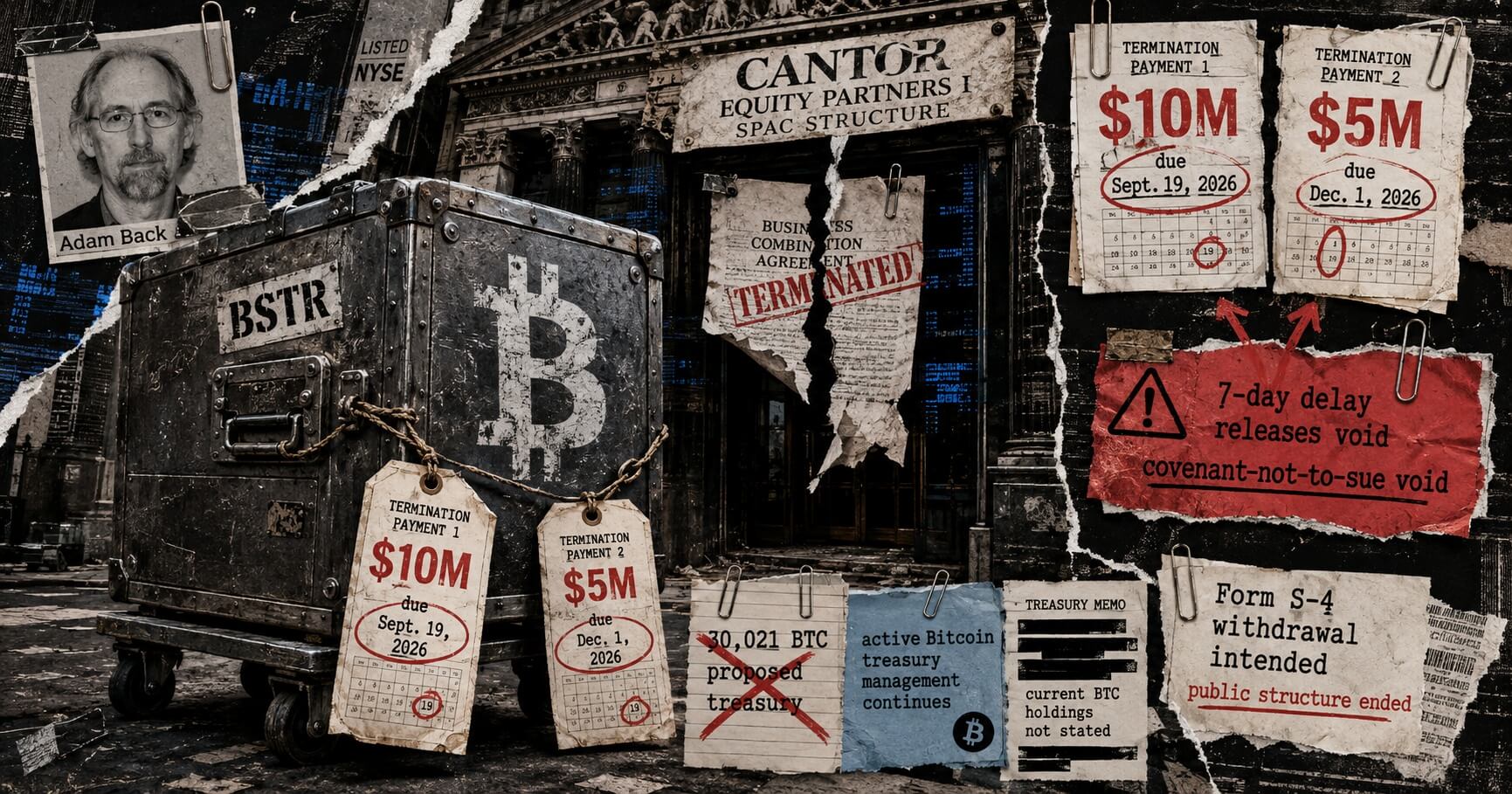 Editorial collage of a BSTR Bitcoin vault, Cantor SPAC termination papers, $10M and $5M payment deadlines, and red legal-warning notes.