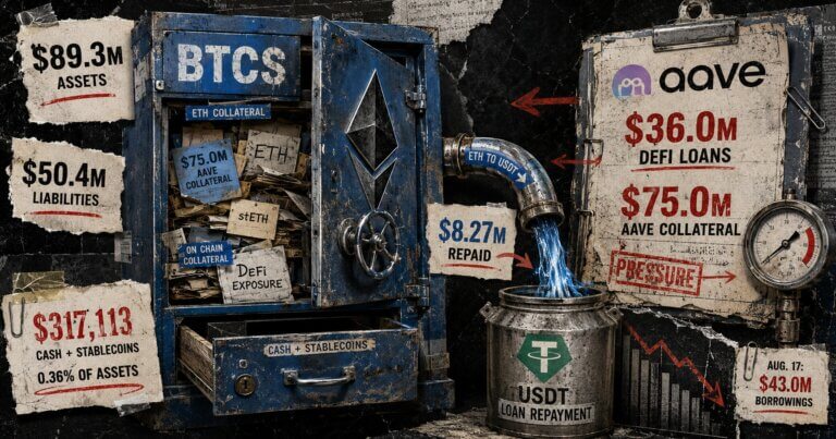 Editorial collage of a BTCS vault with Ethereum collateral, USDT loan repayment, Aave debt figures, and $317,113 in cash and stablecoins.