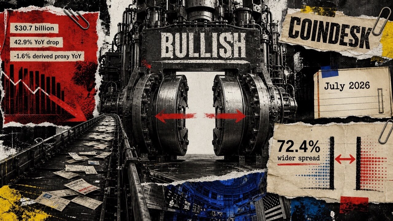 Editorial collage showing a Bullish trading machine with a widened central gap, sparse order slips, and data fragments highlighting a 42.9% volume drop and 72.4% wider spread.