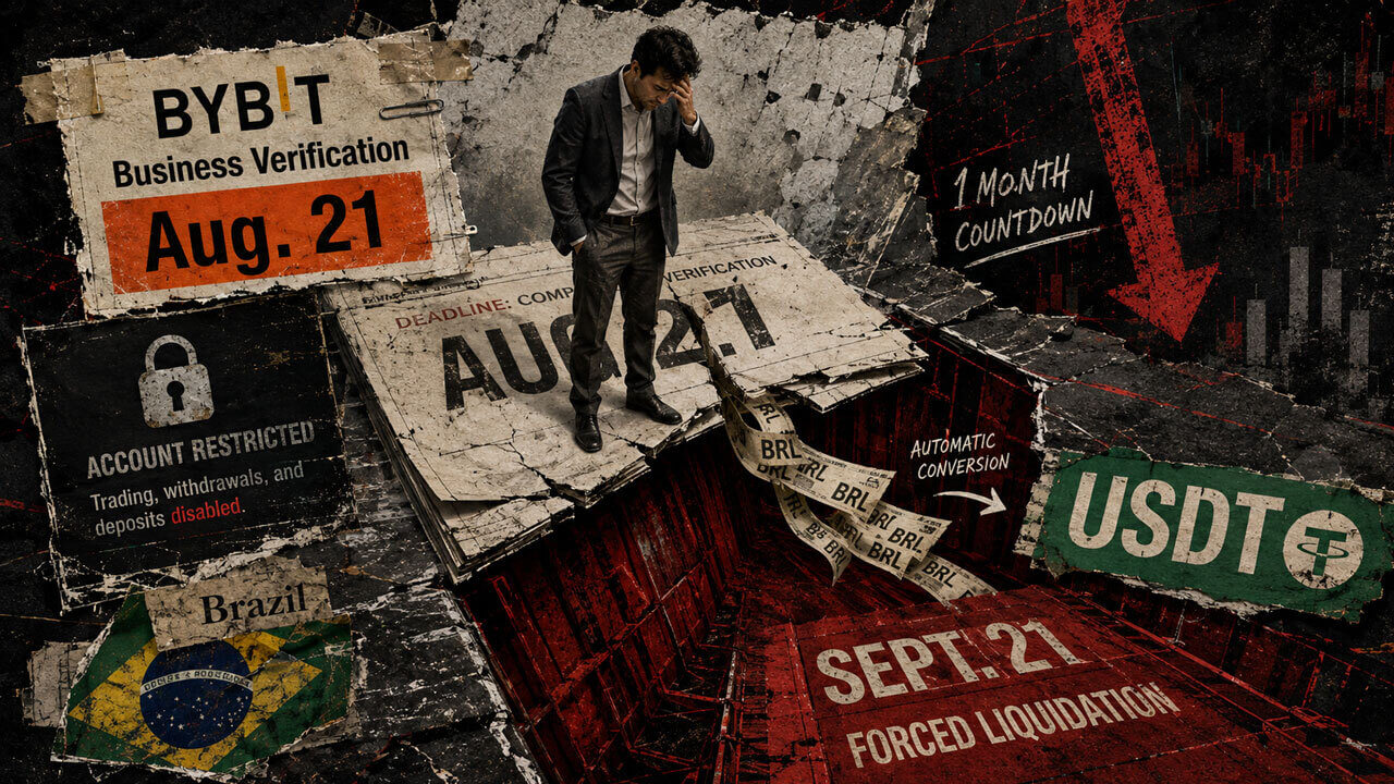 Bybit Brazil collage showing the Aug. 21 verification deadline, account restrictions, BRL conversion to USDT, and Sept. 21 forced liquidation.