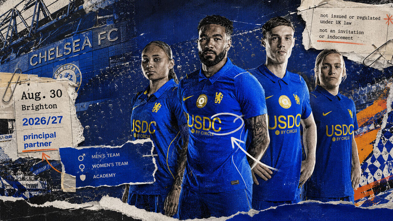 Chelsea players in USDC-sponsored blue kits framed by torn-paper match details and regulatory notes in a gritty editorial collage.