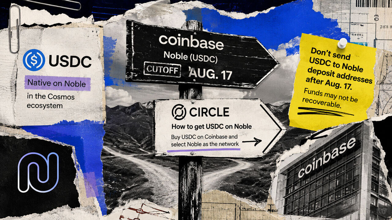 Editorial collage depicts a USDC transfer tagged for Noble being redirected toward a closed Coinbase route despite Circle’s still-live guidance.