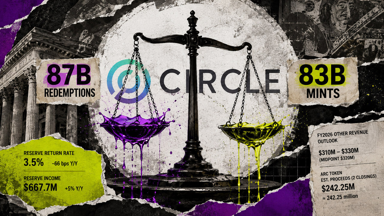 Circle balance scale contrasts $87B redemptions with $83B mints beside reserve income, yield, ARC proceeds and FY2026 revenue outlook.