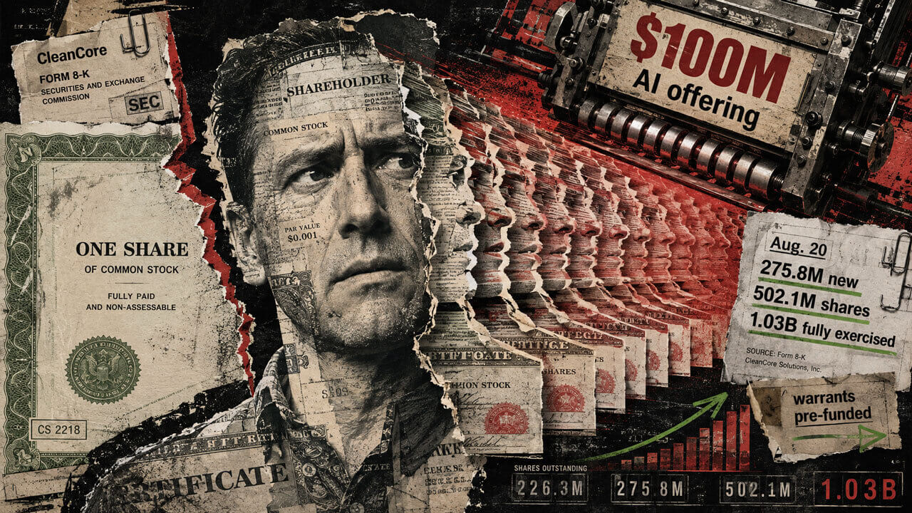 Editorial collage showing a shareholder portrait duplicated by an issuance machine as CleanCore shares rise from 502.1M toward a 1.03B path.