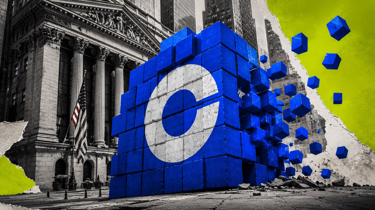 Blue Base-branded cube structure fragments beside a Wall Street building, symbolizing corporate blockchain competition and consolidation.