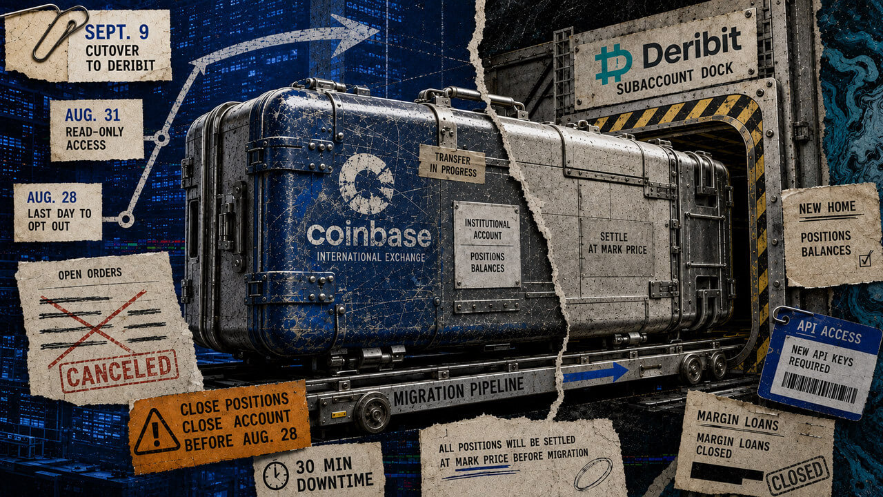 Industrial collage shows a Coinbase account case moving into a Deribit dock, surrounded by migration dates, canceled orders and API requirements.