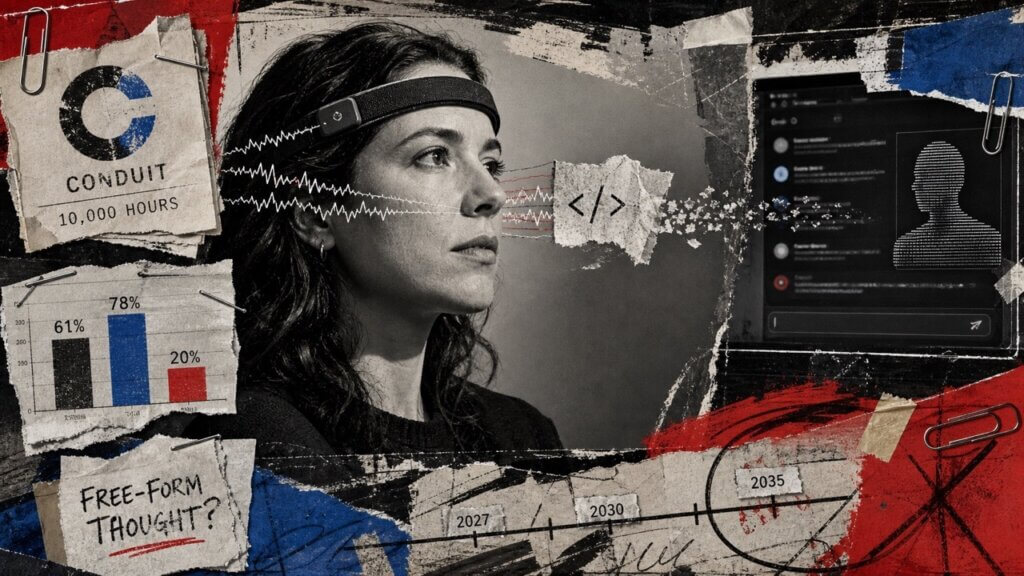 Editorial collage representing Naomi Bashkansky’s move to Conduit, with a neural-recording headband sending fragmented signals toward an AI coding interface alongside Conduit’s 10,000-hour dataset and accuracy figures.