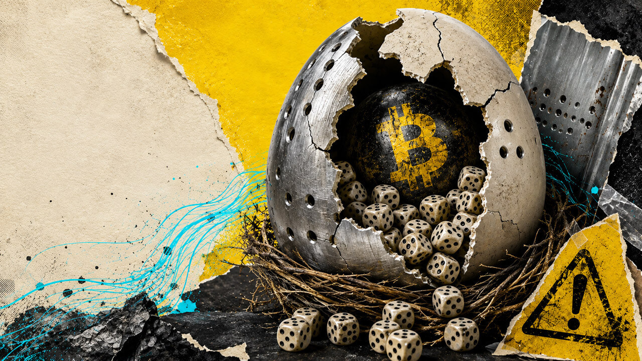 Cracked metal egg reveals a Bitcoin sphere and spilling dice in a nest, framed by acid yellow, cyan ink lines, and torn warning paper.